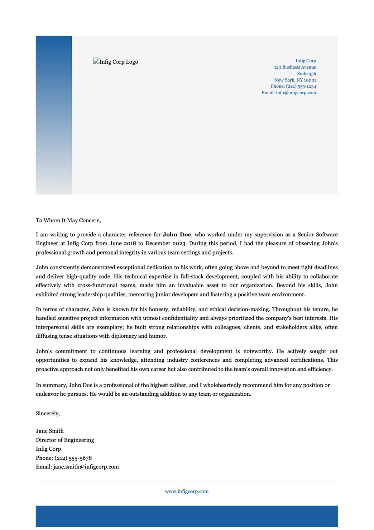 Professional recommendation letter template with blue header and placeholder text_variant_2